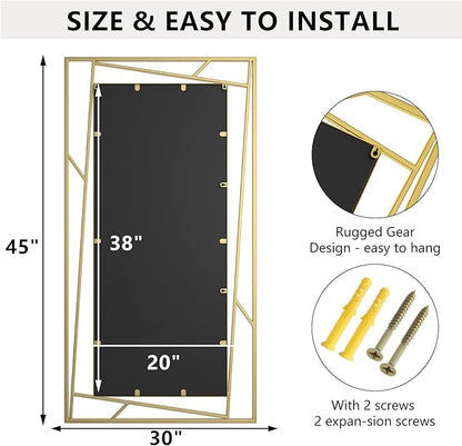 Brushed Gold Bathroom Mirror, 45''X30'' Rectangular Wall Mirrors with Geometric Metal Frame for Bathroom Bedroom Living Room, Hang Horizontally or Vertically