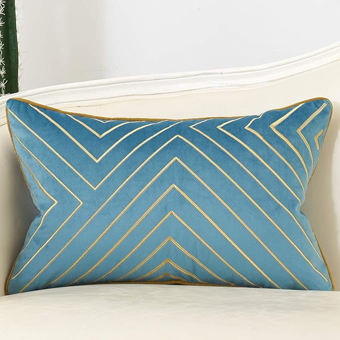 Avigers 12 x 20 Inch Grey Blue Gold Striped Geometric Lines Embroidery Velvet Cushion Case Luxury Modern Lumbar Throw Pillow Cover Decorative Pillow for Couch Living Room Bedroom Car 30 x 50cm