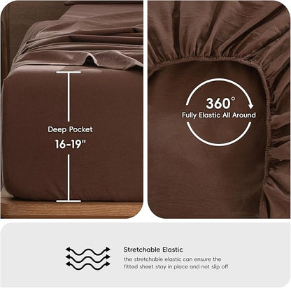 MooMee Bedding Sheet Set 100% Washed Cotton Linen Like Textured Breathable Durable Soft Comfy (Solid Cocoa Brown, Full)