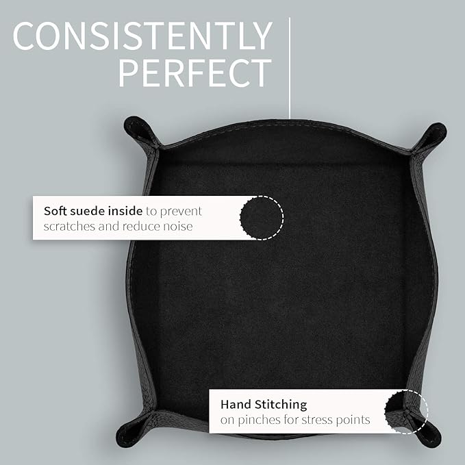Maruse Italian Tumble Leather Valet Tray Organizer, Office Desk Accessory, Durable Leather Handmade in Italy (Black)