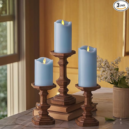 Matchless Candle Co. by Luminara Set of 3 (3" x 4.5",5.5",6.5") Flameless LED Flickering Battery Candle Moving Flame Pillar, Melted Edge, Real Wax Smooth Finish (Pastel Blue)