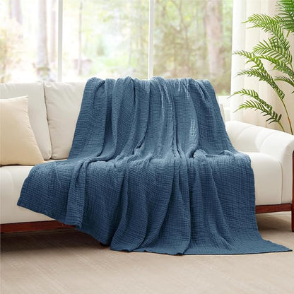 100% Cotton Light Blue Throw Blanket 50" x 70", 6 Layers Large Breathable and Lightweight Cotton Blanket for Bed and Couch, Soft Quilt Bedspread, Gauze Blanket for Adults All Season, Blue
