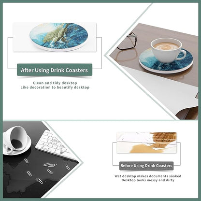 Drink Coasters with Holder, Ceramic Drink Coaster Sets of 6, Marble Blue Ocean Style Absorbent Ceramic Coasters with Cork Base for Home Decor, Kitchen, Gift, Bar, Coffee Table(4 Inches)