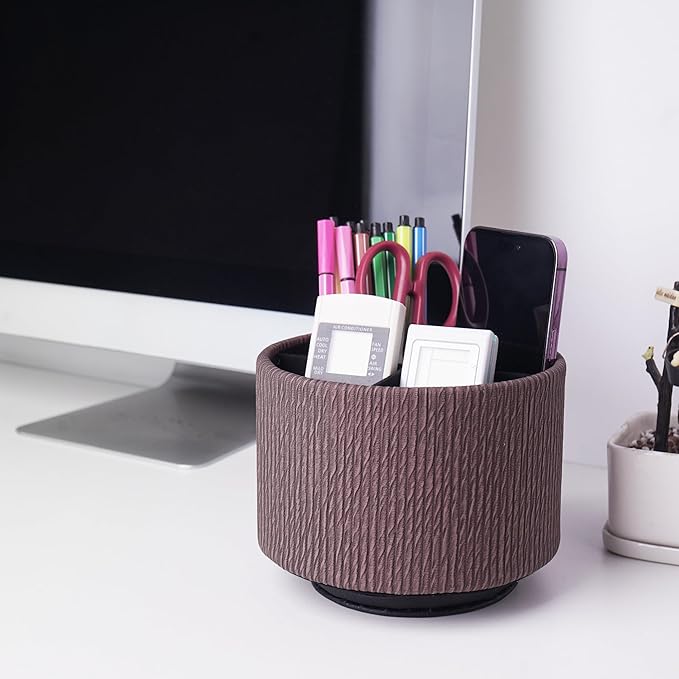 Round Leather Art Supply Organizer,Remote Control Holder,360 Degree Spinning,Multi-Functional Pencil Holder,4 Compartments Desktop Stationary Organizer(1-Wood Brown)
