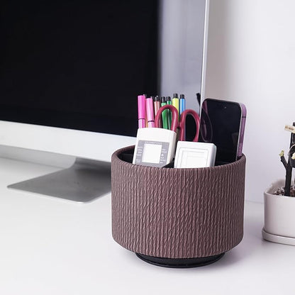 Round Leather Art Supply Organizer,Remote Control Holder,360 Degree Spinning,Multi-Functional Pencil Holder,4 Compartments Desktop Stationary Organizer(1-Wood Brown)