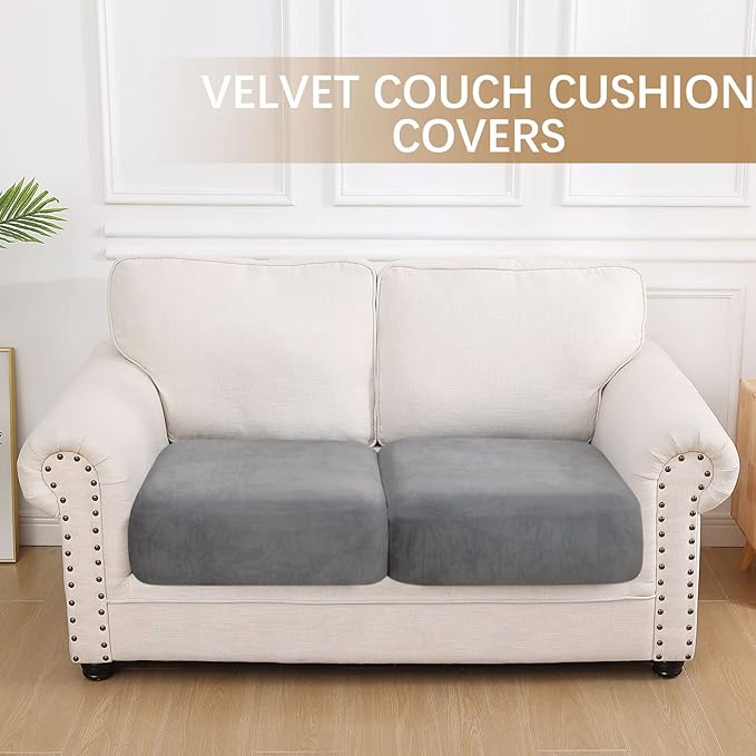 hyha Velvet Couch Cushion Covers, Soft Sofa Seat Covers for sectional 2 Cushion Couch Washable, Magic Sofa Slipcover with Elastic Bottom, Non-Slip Furniture Protector for Pets, Kid(2PC, Grey)