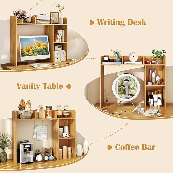 Desktop Bookshelf, 3-Tier Wood Countertop Bookcase with 5 Shelves, Desk Hutch for College Dorm, Multipurpose Desk Organizer Shelf Display Rack for Home Office, Hutch Top Only