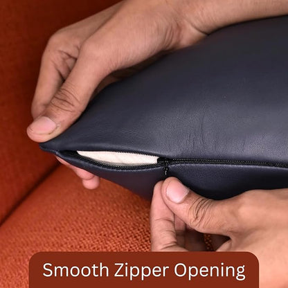 LL LEATHER LOVERS Lambskin Leather Pillow Cover, Hand Panel Stitched Leather Decorative Throw Pillow Covers for Couch Sofa Bed Living Room Garden (14x14 Inches, Gun Metal Blue Pack of 1)