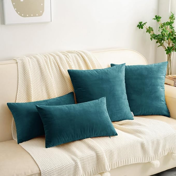 HWY 50 Ocean Blue Velvet Throw Pillow Covers 16x16 Inch, Pack of 2 Soft Cozy Solid Decorative Luxury Cushion Cases for Couch Sofa Bed Living Room Bedroom
