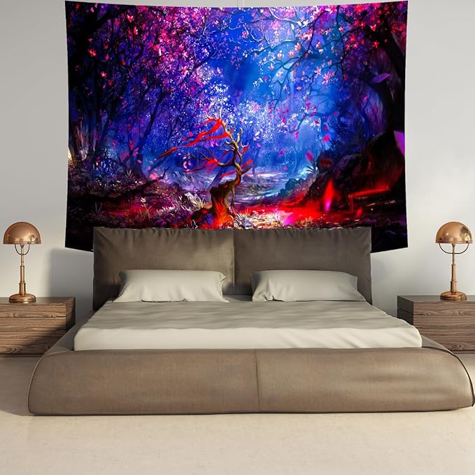Delur Fantasy Forest Tapestry Enchanted Magical Fairy Tale Tree of Life Wall Hanging Tapestry Mystical Psychedelic Landscape Nature Headboard for Bedroom Living Room Home Decor (59.1" x 78.7")