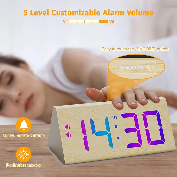 Wooden Digital Alarm Clock with Dual USB Charging Ports, DST, Dimmable, Snooze, RGB Colors, Modern Large Time Display LED Clock for Kids Bedrooms, Living Room, Desk,Table, Bedside,Nightstand (Bamboo)