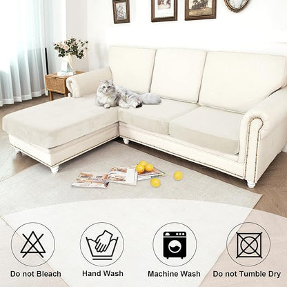 NAISI Waterproof Couch Cushion Covers Thick Velvet Fabric Washable Sofa Slipcovers Sectional Couch Covers for 3 Pieces Separate L Shape Couch Cover with Elastic Bottom(2 Seater + 1 Chaise,Ivory)