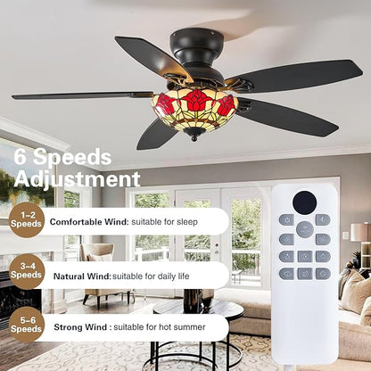 Tiffany Ceiling Fans with Lights - 48" Ceiling Fan Chandelier with 5 Dual-Blades and Glass Shade, 6 Speeds and Reversible, Indoor and Outdoor, Retro Style