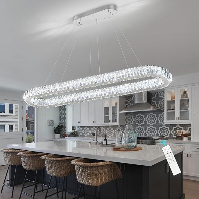 LED Oval Ring Chandelier Crystal Pendant Lighting for Dining Table Kitchen Island Remote Dimmable Hanging Light Chandeliers for Entryway Living Room Lights Silver