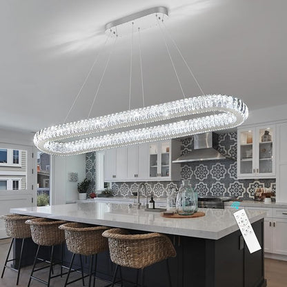 LED Oval Ring Chandelier Crystal Pendant Lighting for Dining Table Kitchen Island Remote Dimmable Hanging Light Chandeliers for Entryway Living Room Lights Silver