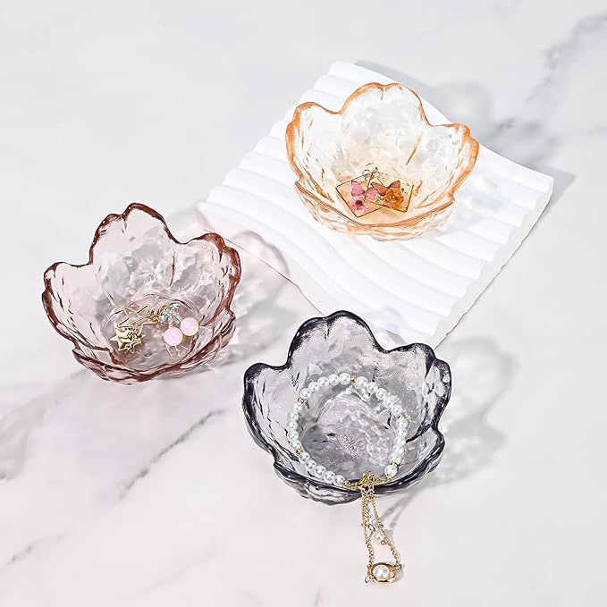 Koythin 2-Piece Glass Jewelry Tray, Mini Ring Dish for Necklace Earring Bracelet, Cute Trinket Tray for Engagement Vanity Bathroom, Crystal Floral Aesthetic Key Bowl for Women Girl Mom (Amber)