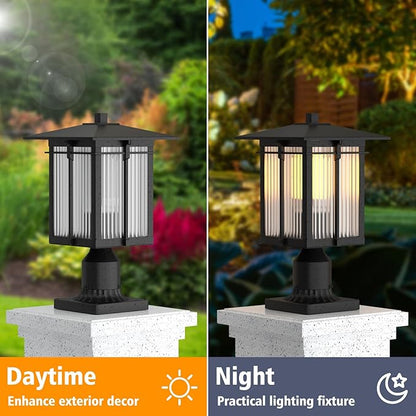 Modern Outdoor Post Light, Aluminum Lamp Post Light Fixture with Ribbed Glass, Soptted Black Outside Pole Lighting with 3-Inch Pier Mount Base for Yard Porch Pathway (15.8''H, 1 pc)
