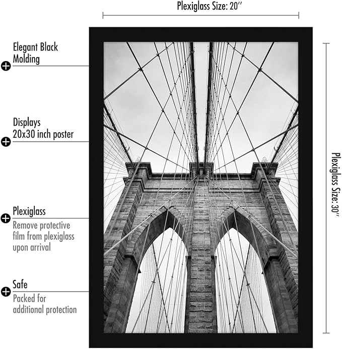 Americanflat 20x30 Poster Frame with Polished Plexiglass - Black Picture Frame - Wide Photo Frames Made of Engineered Wood for Vertical or Horizontal Wall Display - Epic Collection - Black