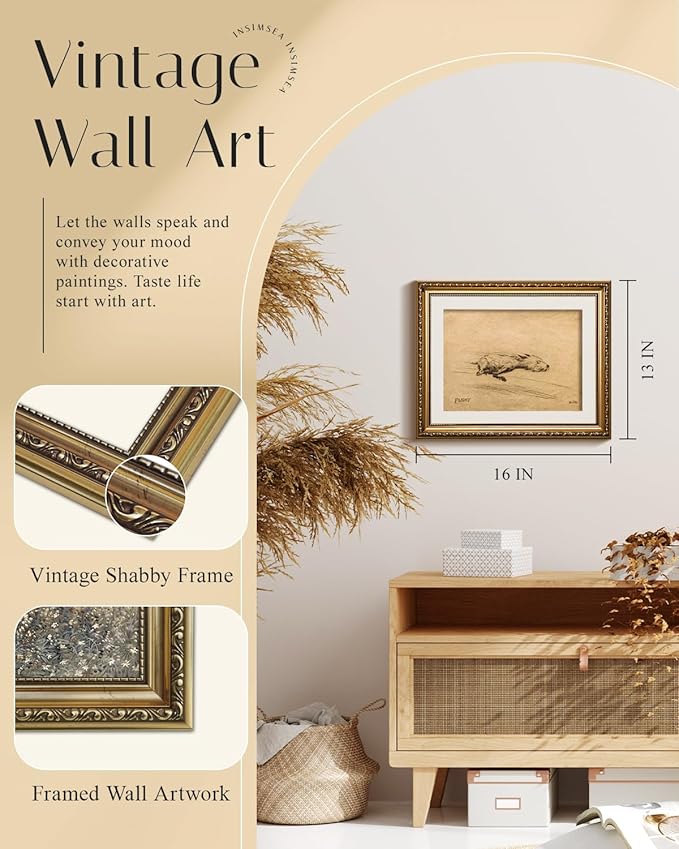 InSimSea Gold Framed Canvas Wall Art Room Decor Vintage Minimalist Dog Sketch Bathroom Wall Decor Dog Lovers' Retro Animal Sketch Picture Art Printing for Home Office Living Room Bedroom 16×13in