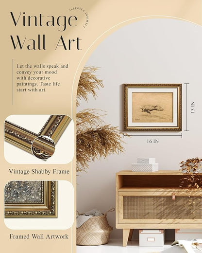 InSimSea Gold Framed Canvas Wall Art Room Decor Vintage Minimalist Dog Sketch Bathroom Wall Decor Dog Lovers' Retro Animal Sketch Picture Art Printing for Home Office Living Room Bedroom 16×13in