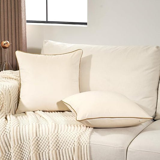 Aeckself Pack of 2 Cream White Velvet Pillow Covers 20 x 20 Inch, Modern Luxury Decorative Pillowcase with Gold Trim Edge, Comfortable Soft Solid Cushion Case for Couch Bedroom Living Room