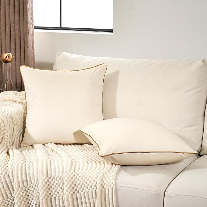 Aeckself Pack of 2 Cream White Velvet Pillow Covers 18 x 18 Inch, Modern Luxury Decorative Pillowcase with Gold Trim Edge, Comfortable Soft Solid Cushion Case for Couch Bedroom Living Room