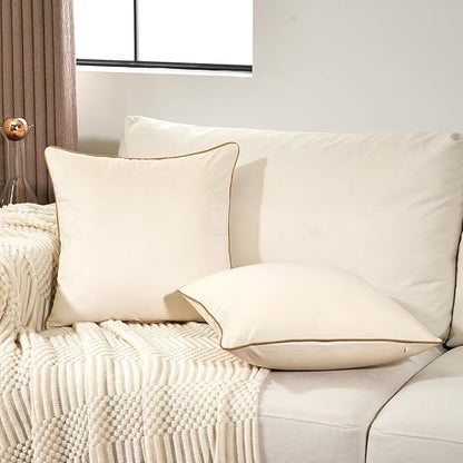 Aeckself Pack of 2 Cream White Velvet Pillow Covers 18 x 18 Inch, Modern Luxury Decorative Pillowcase with Gold Trim Edge, Comfortable Soft Solid Cushion Case for Couch Bedroom Living Room