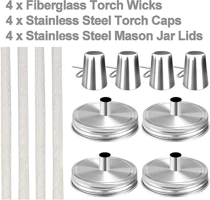 Yitee Mason Jar Tabletop Torch Kits,4 Pack Longlife Fiberglass Wicks,Stainless Steel Mason Jar Lids Caps Included,Outdoor Deck Oil Lamp Torch,Patio Xmas Decor