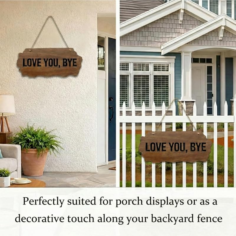 Love You Bye Sign Above Door - Rustic Wooden Wall Decor with Carved Letters & Hanging Rope - Boho Farmhouse Entryway & Living Room Art - Cute 10.6" Plaque for Home & Gift