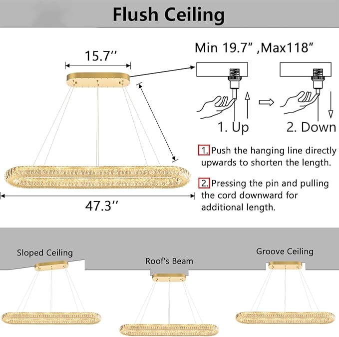 LED Oval Ring Chandelier Crystal Pendant Lighting for Dining Table Kitchen Island Remote Dimmable Hanging Light Chandeliers for Entryway Living Room Lights Gold