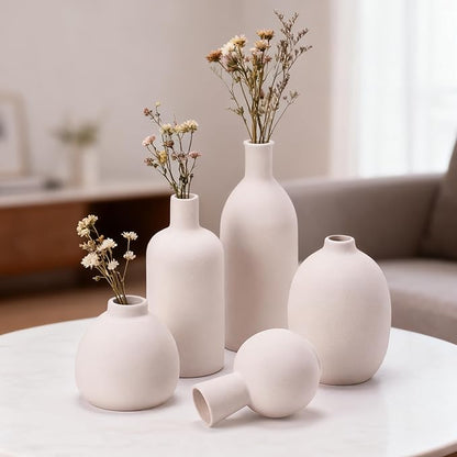 White Ceramic Flower Vase Set of 5, Modern Farmhouse Decorative Vases for Bookshelf, Dining Room Coffee Console Table Centerpieces