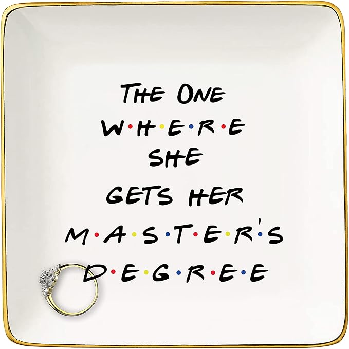 NZY Masters Degree Ring Dish Gifts for Students-Graduation Gifts for Best Friends Daughter Cousin Sister,MBA Present-The One Where She Gets Her Master's Degree-Jewelry Holder Trinket Tray