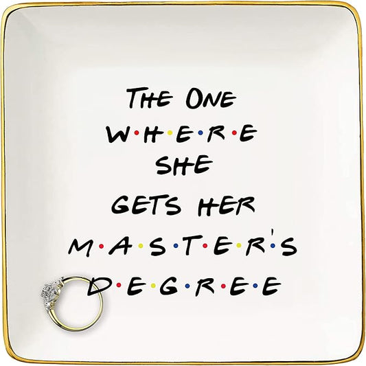 NZY Masters Degree Ring Dish Gifts for Students-Graduation Gifts for Best Friends Daughter Cousin Sister,MBA Present-The One Where She Gets Her Master's Degree-Jewelry Holder Trinket Tray