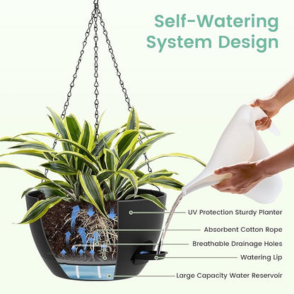Set of 3-10 Inch Self Watering Hanging Planters for Indoor & Outdoor，Hanging Plant Pots with Drainage & Removable Tray, Modern Hanging Pots Holder for Ivy, Spider Plants, Ferns, Balcony & Patio, Black