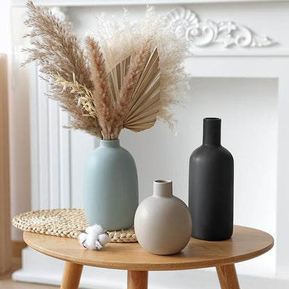 Ceramic Vase Set of 3, Large Neutral Rustic Vases for Farmhouse Decor, Pampas Grass & Dried Flowers and Table Living Room Home Decor