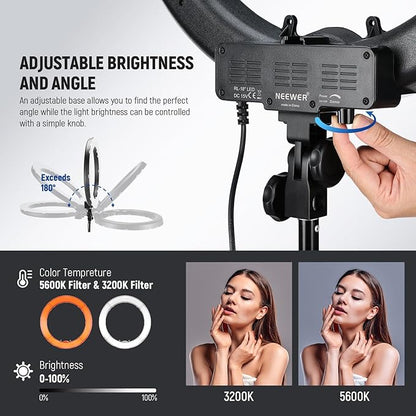 NEEWER Ring Light 18inch Kit: 55W 5600K Professional LED with Stand and Phone Holder, Soft Tube & Bag for Tattoo Lash Extension Barber Makeup Artist Studio Video Photography Lighting, RL-18