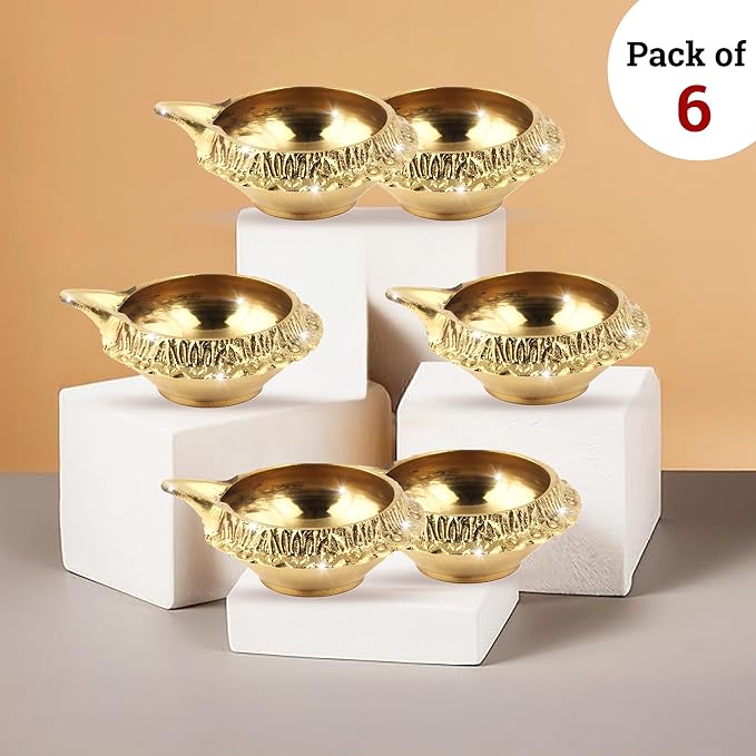 Shubhkart Premium Brass Kuber Deep Diya Set of 6 – Handcrafted Oil Lamps for Home Temple Décor, Yoga, Festive Rituals, Wedding Ceremonies & Spiritual Gifting with Elegant Brass Shine & Classic Design