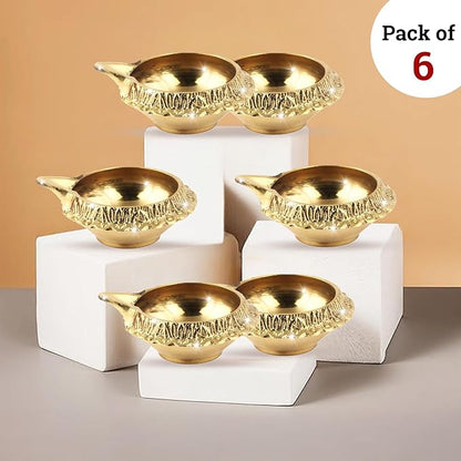 Shubhkart Premium Brass Kuber Deep Diya Set of 6 – Handcrafted Oil Lamps for Home Temple Décor, Yoga, Festive Rituals, Wedding Ceremonies & Spiritual Gifting with Elegant Brass Shine & Classic Design