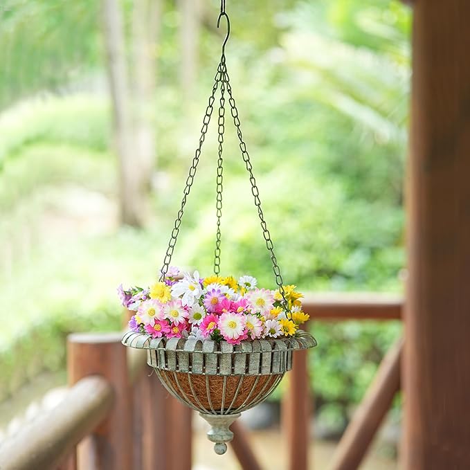 Metal Hanging Planter for Outdoor,Hand-Crafted Rusty Hanging Basket Plant Holder for Outdoor Indoor Garden, Patio, Deck, Porch, Flower Pots