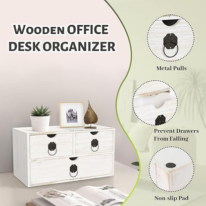 Wood Desk Organizer with Drawer, White Wooden Desktop Organizer, Tabletop Storage Organization Box for Countertop, Home Office Supplies (3 Drawer)