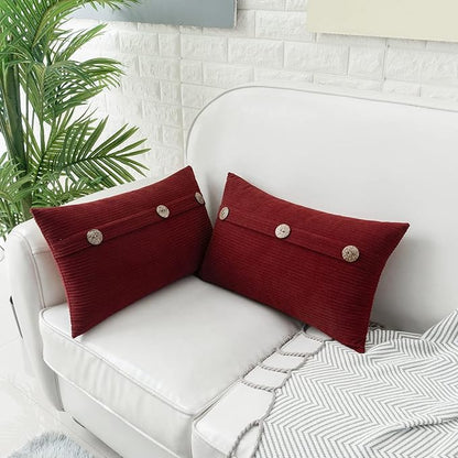 HWY 50 Burgundy Red Chenille Throw Pillow Covers 12x20 Inch with Triple Buttons, Soft Farmhouse Accent Decorative Cushion Cases for Couch Sofa Living Room Pack of 2 Rectangle