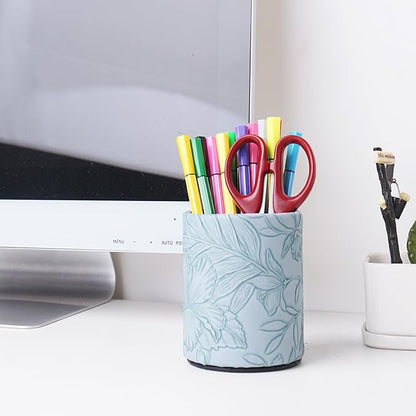 PU Leather Pen Holder Round Flash Makeup Brush Holder Desktop Pencil Storage Holder Gift for Desk Office Classroom Home(1-Carved Blue)