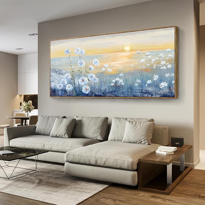 Nicetop Extra Large Framed Blue Ocean Sunset Wall Art Coastal Beach Flowers Canvas Print Sea Sun Natural Seascape Painting Calm Warm Seaside Landscape for Home Bedroom Living Room Office 32x71inch