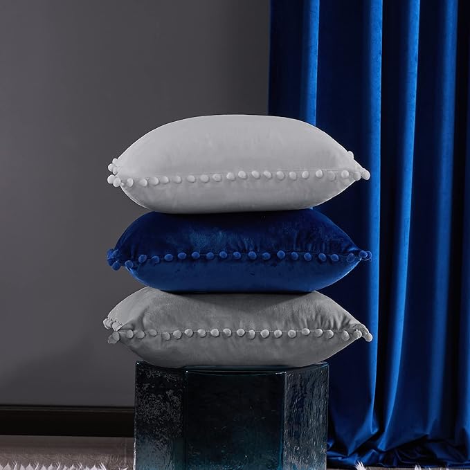 Deconovo Velvet Throw Pillow Covers, Set of 2, 22” x 22” Light Gray, Comfortable Square Pom-poms Soft Hidden Zipper Cover for Bedroom