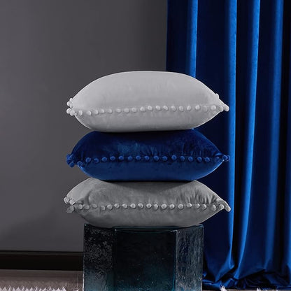 Deconovo Velvet Throw Pillow Covers, Set of 2, 22” x 22” Light Gray, Comfortable Square Pom-poms Soft Hidden Zipper Cover for Bedroom
