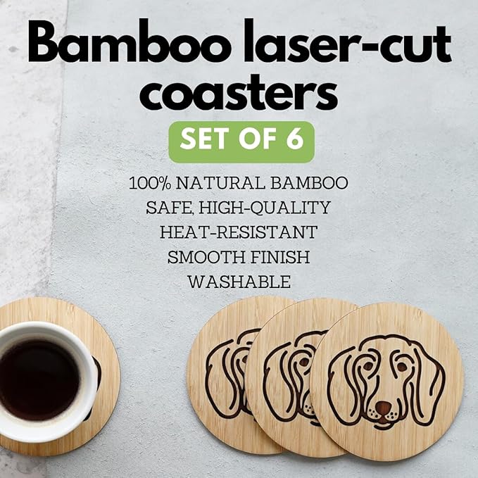 Set of 6 Bamboo Laser-Engraved Fun Dog Coasters with Iron Holder - Gift Packaging 3.9 Inch Non-Stick Absorbent Durable and Unbreakable Wooden Cup Coasters for Dog Lovers (Dachshund)