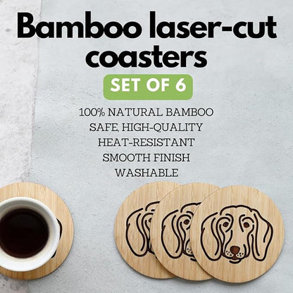 Set of 6 Bamboo Laser-Engraved Fun Dog Coasters with Iron Holder - Gift Packaging 3.9 Inch Non-Stick Absorbent Durable and Unbreakable Wooden Cup Coasters for Dog Lovers (Dachshund)