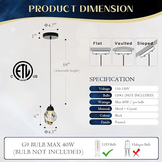 1-Light Black Crystal Pendant Light, Modern Mini Hanging Ceiling Light with Diamond K9 Prism, Dimmable LED Pendant Lamp for Kitchen Island, Dining Room, Bedroom, Hallway, Bar