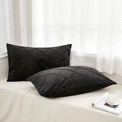 JAUXIO Diamond Pinch Pleated Crystal Velvet Pillowcases 2 Pack Solid Pintuck Throw Cushion Cover for Home Decor Hidden Zipper Closure (Black, Standard)