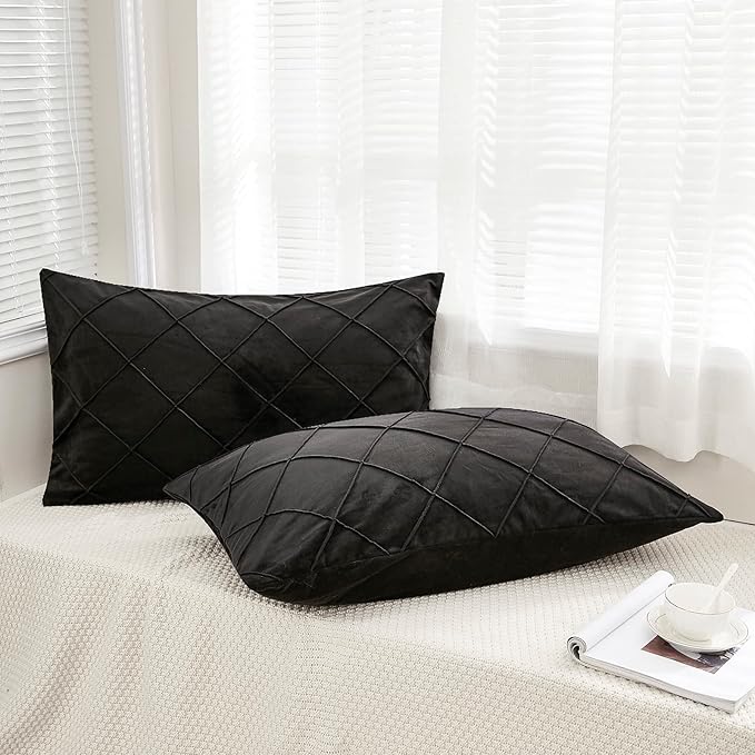 JAUXIO Diamond Pinch Pleated Crystal Velvet Pillowcases 2 Pack Solid Pintuck Throw Cushion Cover for Home Decor Hidden Zipper Closure (Black, King)